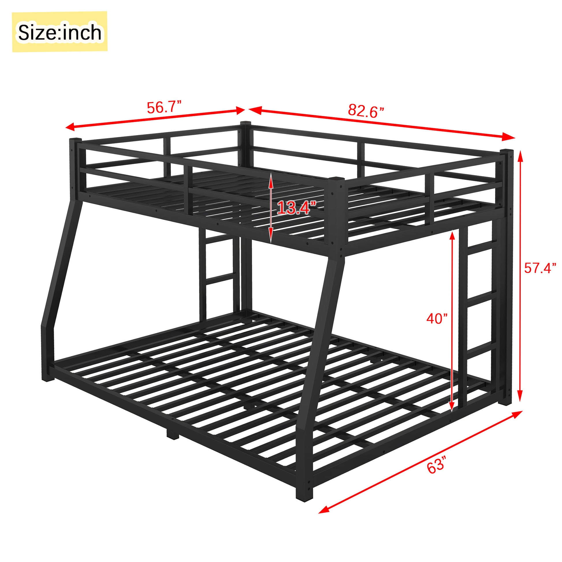 Metal Full Xl Over Queen Bunk Bed For Teens And Adults,Space Saving Noise Reduced No Box Spring Needed, Black Full Xl Black Metal
