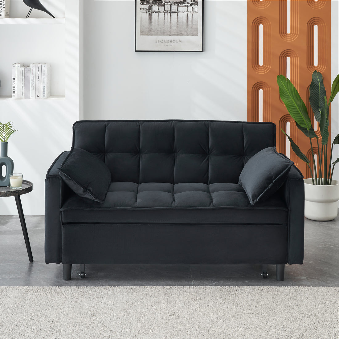 55 Inches Black Modern Velvet Sofa, Seating Sofa With Backrest, Soft And Comfortable Living Room Furniture, 3 In 1 Convertible Sofa Bed For Living Room Bedroom Black Velvet 2 Seat