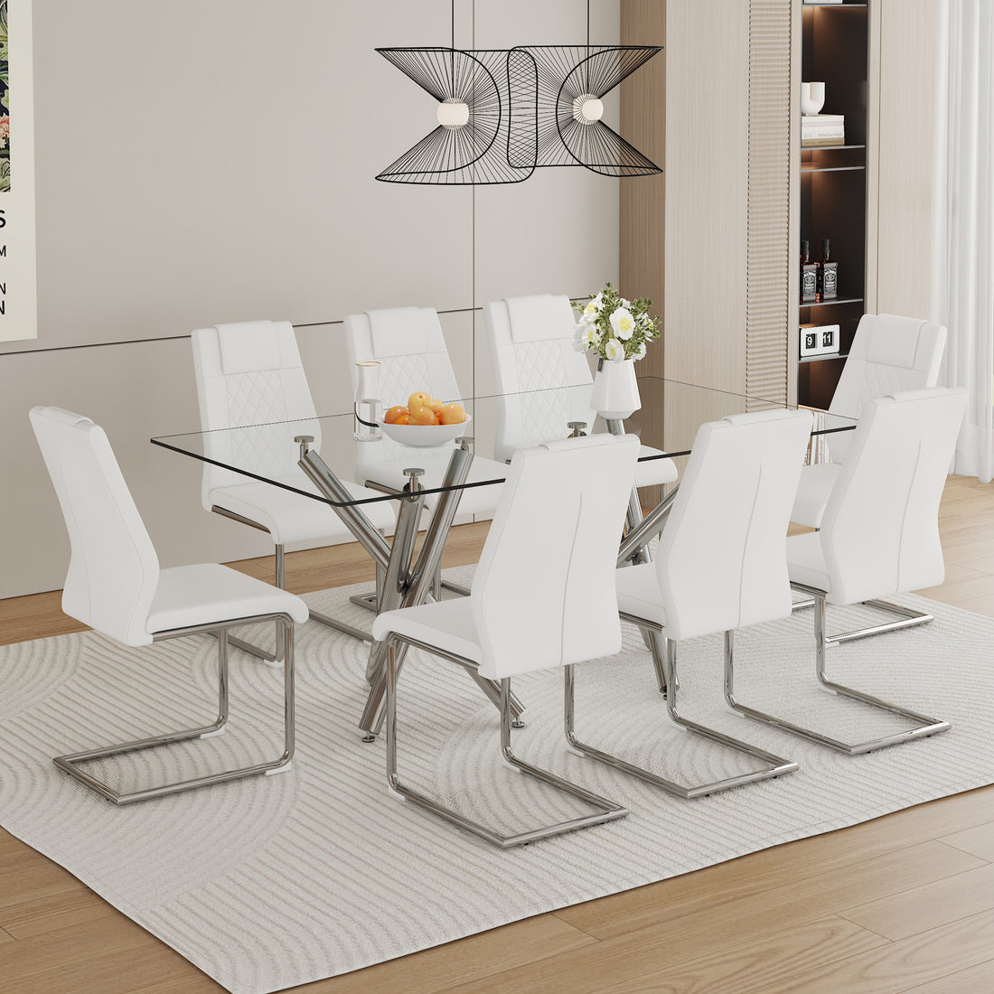Table And Chair Set.Large Minimalist Rectangular Glass Dining Table For 6 8 With 0.39" Tempered Glass Tabletop And Silver Chrome Metal Legs.Paried With Comfortable Chairs With Pu Seats And Metal Legs. Silver Seats 8 Glass Metal