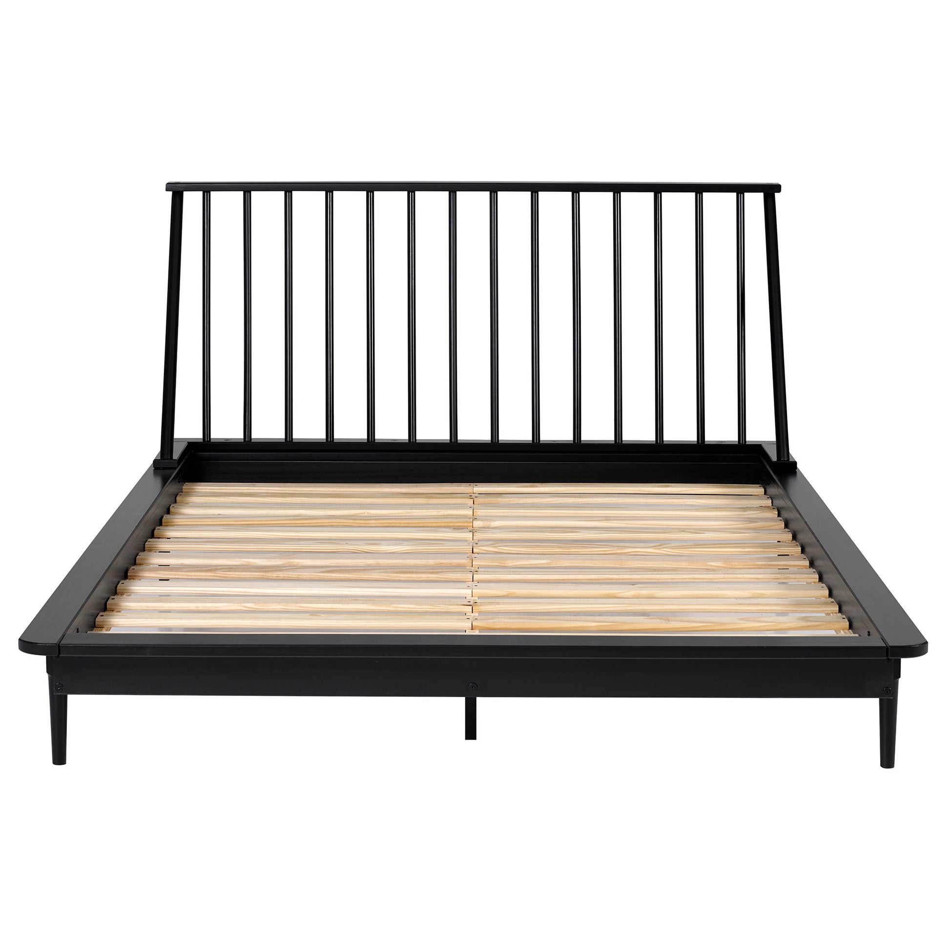 Mid Century Modern Solid Wood Queen Platform Bed Frame With Spindle Headboard Black Black Pine