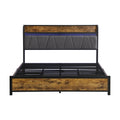 King Size Bed Frame, Storage Headboard With Charging Station And 4 Storage Drawers,Led Lightsbrown And And Gray Black Brown Grey Mdf Metal