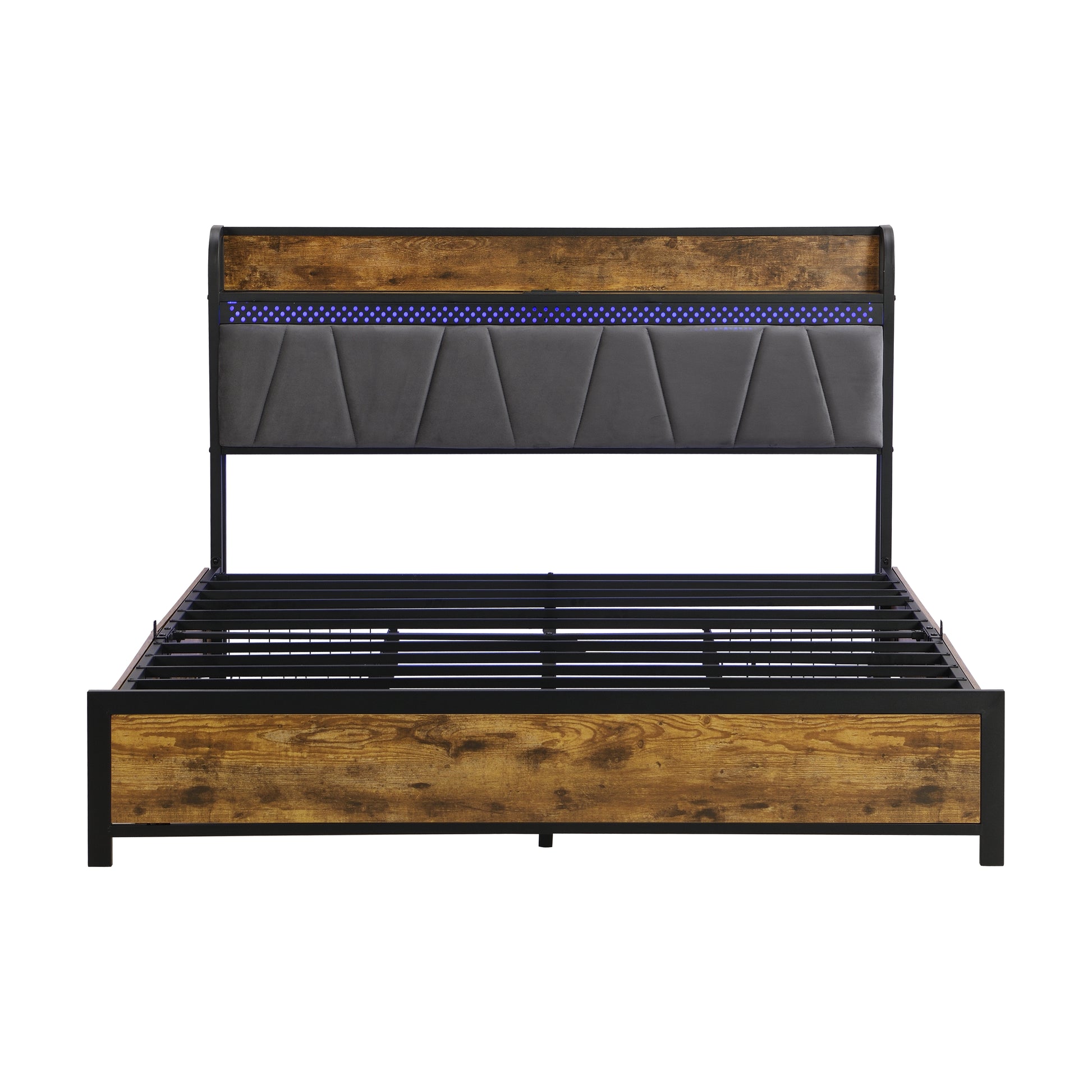 King Size Bed Frame, Storage Headboard With Charging Station And 4 Storage Drawers,Led Lightsbrown And And Gray Black Brown Grey Mdf Metal