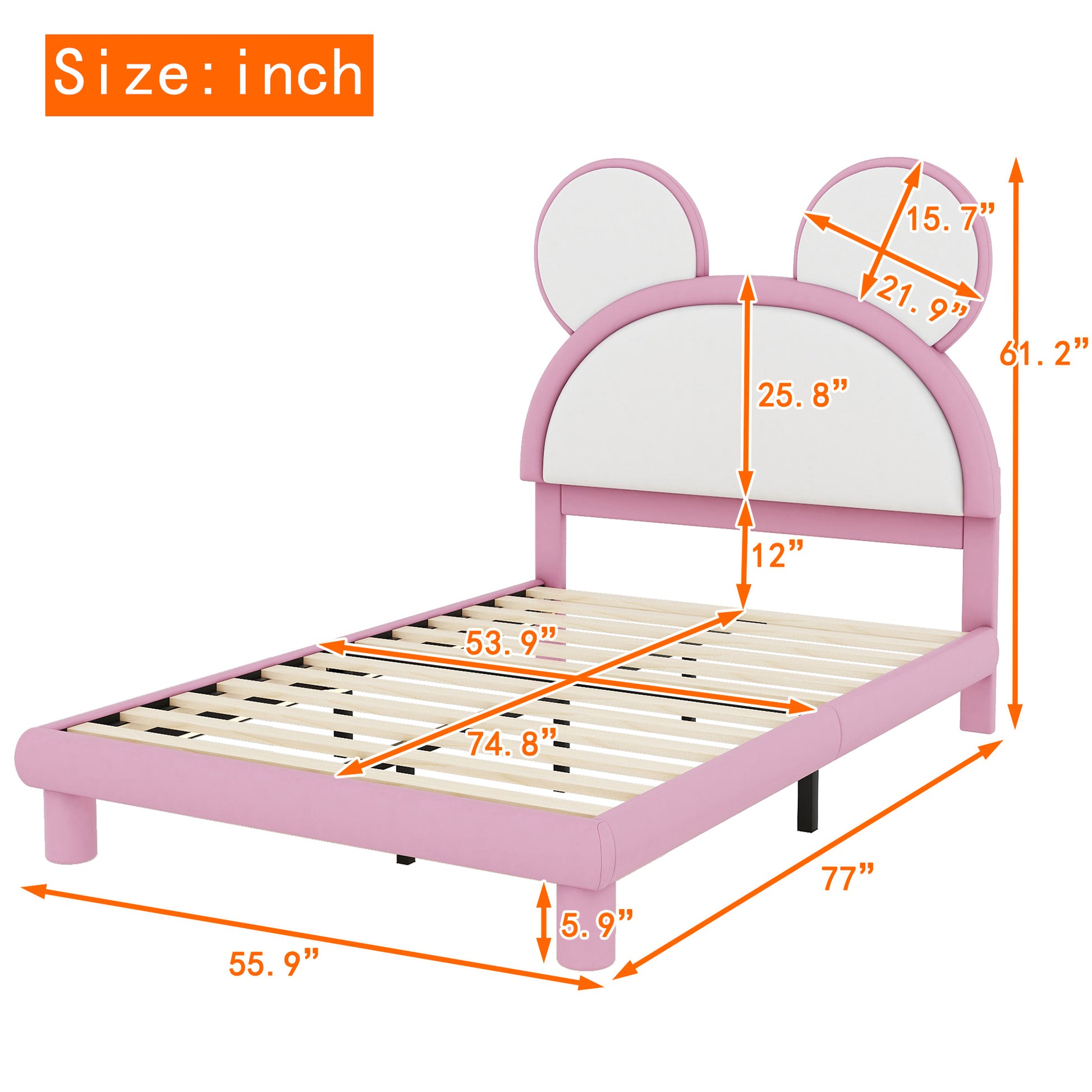 Full Size Upholstered Platform Bed With Cartoon Ears Shaped Headboard And Led, White&Pink Box Spring Not Required Full White Pink Bedroom Bed Frame Faux Leather Upholstered