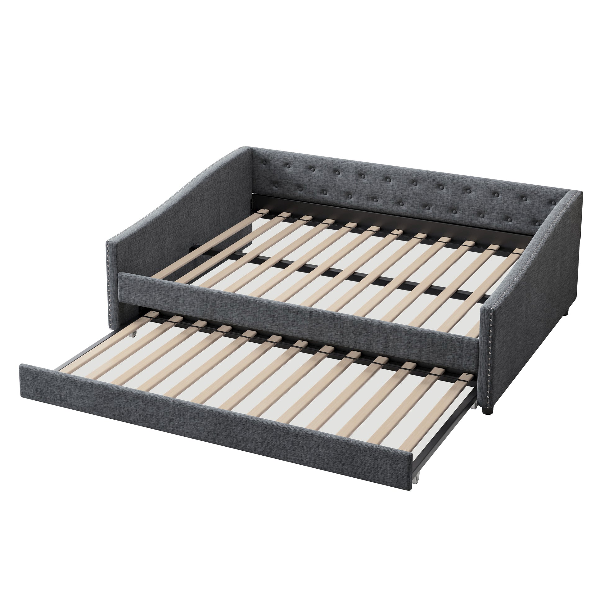 Full Size Daybed With Twin Size Trundle Upholstered Tufted Sofa Bed, With Button On Back And Copper Nail On Waved Shape Arms Dark Grey Full Dark Grey Wood Fabric