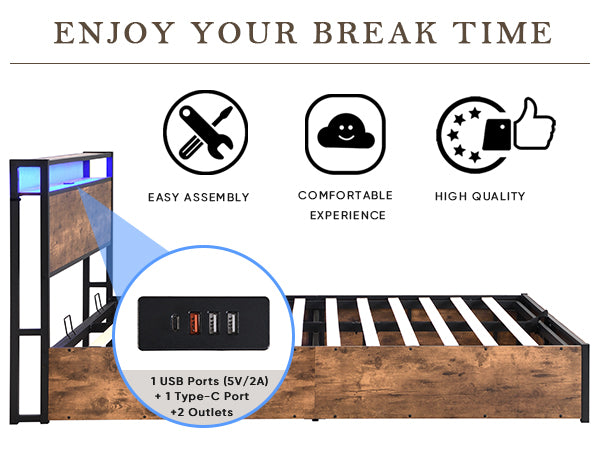 Lift Up Storage Bed Frame, Queen Size Bed Frame With Bookcase Headboard & Led Lights, Wooden Platform Bed Frame With Charging Station, No Spring Box Needed, Rustic Brown Box Spring Not Required Queen Rustic Brown Metal Brown Bedroom Industrial Bed Frame