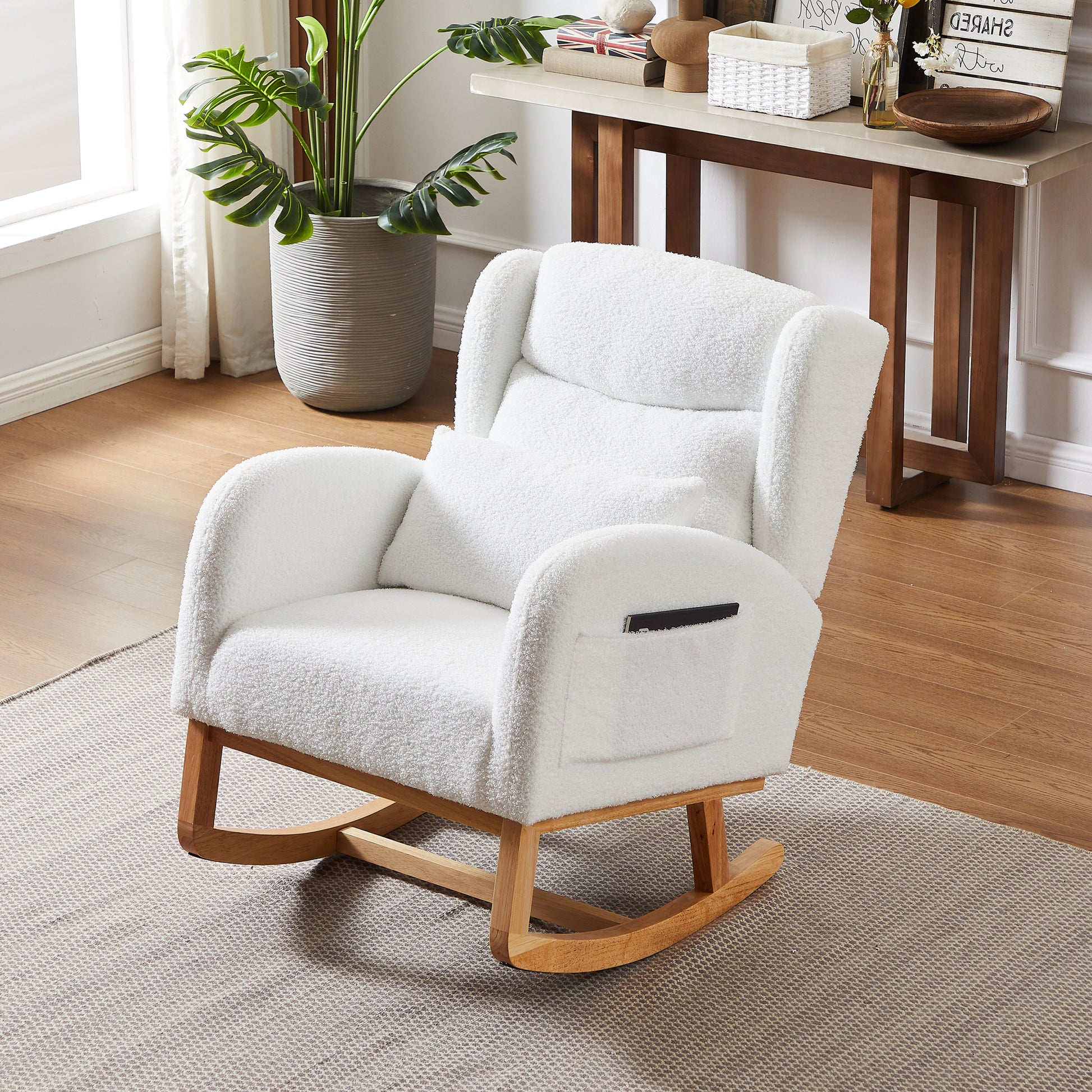 27.2"W Modern Accent High Backrest Living Room Lounge Arm Rocking Chair, Two Side Pocket Ivory Foam Fabric