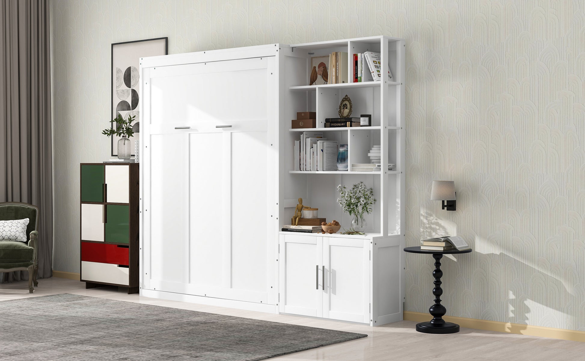Full Size Murphy Bed With Multiple Storage Shelves And A Cabinet, White Box Spring Not Required Full White Wood Bedroom Murphy Solid Wood Mdf