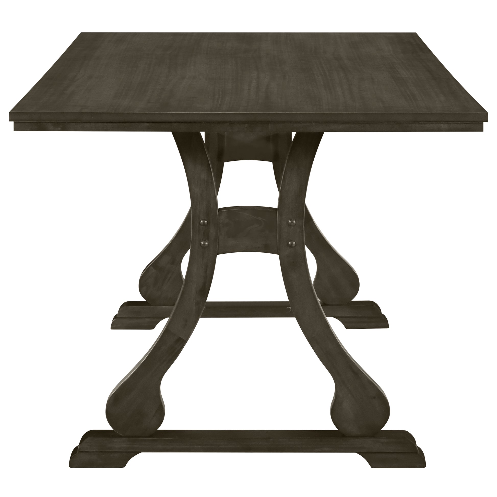 Retro 6 Piece Trestle Dining Table Set With Upholstered Dining Chairs And Dining Bench, Smooth Dining Backs For Dining Room, Living Room, Kitchen, Gray Gray Wood Dining Room Solid Wood Rubberwood Rectangular Dining Table With Chair And Bench Upholstered