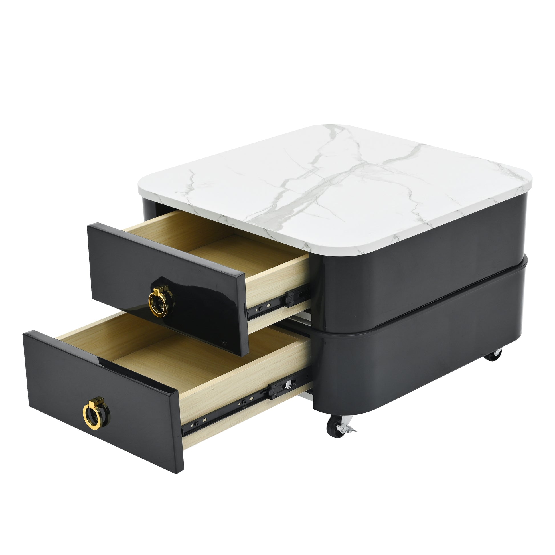 2 In 1 Square Nesting Coffee Table With Wheels & Drawers, Stackable Side Table With High Gloss Marble Grain Top, End Table Set With Brown Tempered Glass For Living Room, Black Black Gold Primary Living Space Drawers Square Mdf Steel