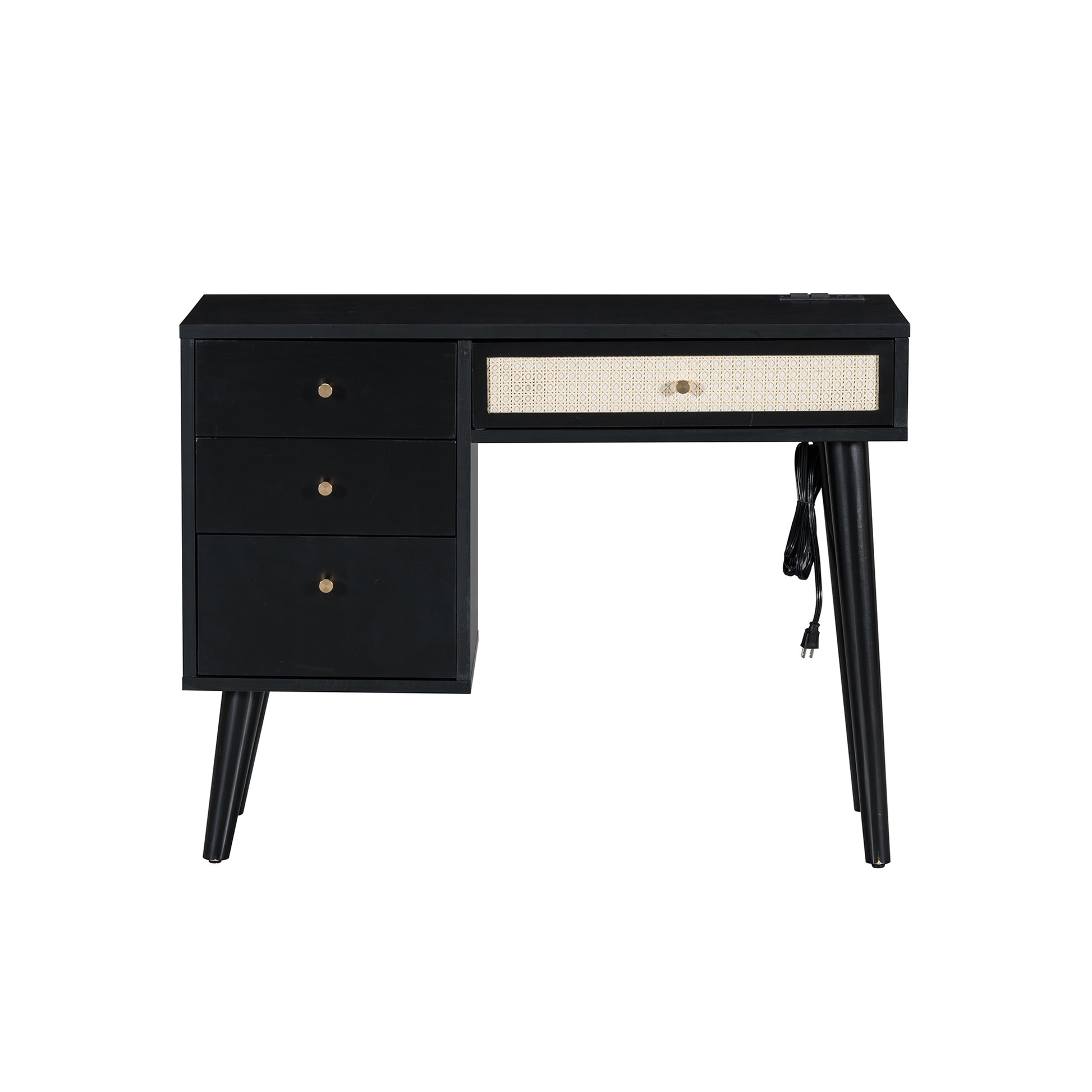 39" Retro Bohemian Style Wooden Makeup Vanity Set With Charging Plug&Usb Port And Stool, Dressing Table With 3 Storage Drawers And 1 Rectangular Rattan Drawer, Black Black 4 Drawers Wood