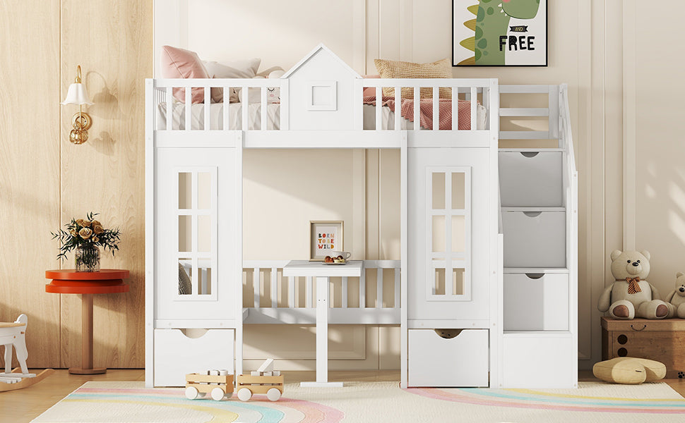 Twin Over Twin Bunk Bed With Changeable Table, Bunk Bed Turn Into Upper Bed And Down Desk White Twin White Solid Wood