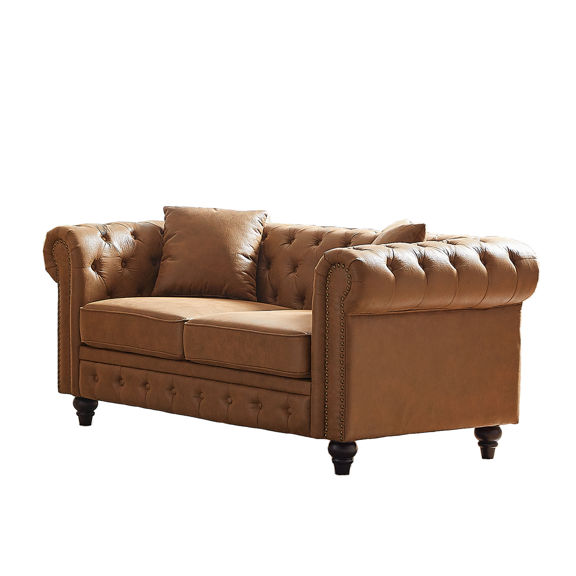 Fx 63.5" Contemporary Design Chesterfield Sofa, Tech Fabric Button Design Living Room Sectional, Button Tufted With Nail Design Arms With 2 Pillows, Upholstered Upholstery And Wooden Legs Brown Wood Primary Living Space Pine Foam Fabric 3 Seat