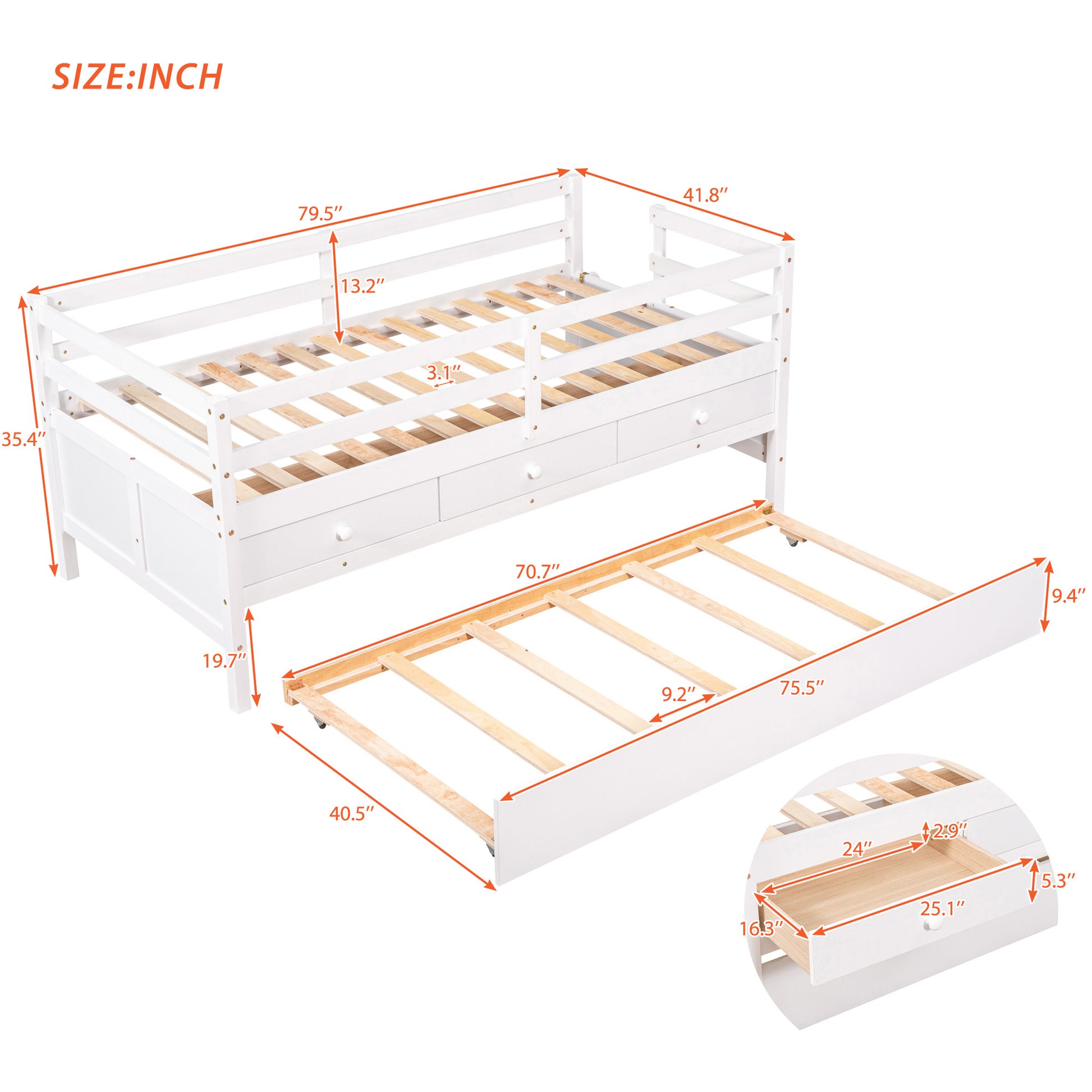 Low Loft Bed Twin Size With Full Safety Fence, Climbing Ladder, Storage Drawers And Trundle White Solid Wood Bed White Solid Wood