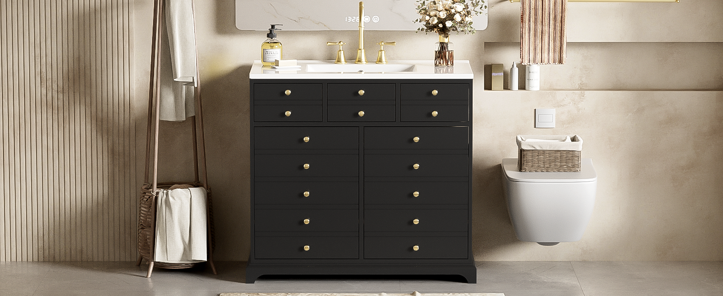 36'' Bathroom Vanity With Resin Sink Combo, Solid Wood Frame Bathroom Storage Cabinet, Freestanding Vanity Set With 2 Drawers& Soft Closing Doors, Black Black Bathroom Solid Wood Mdf Resin