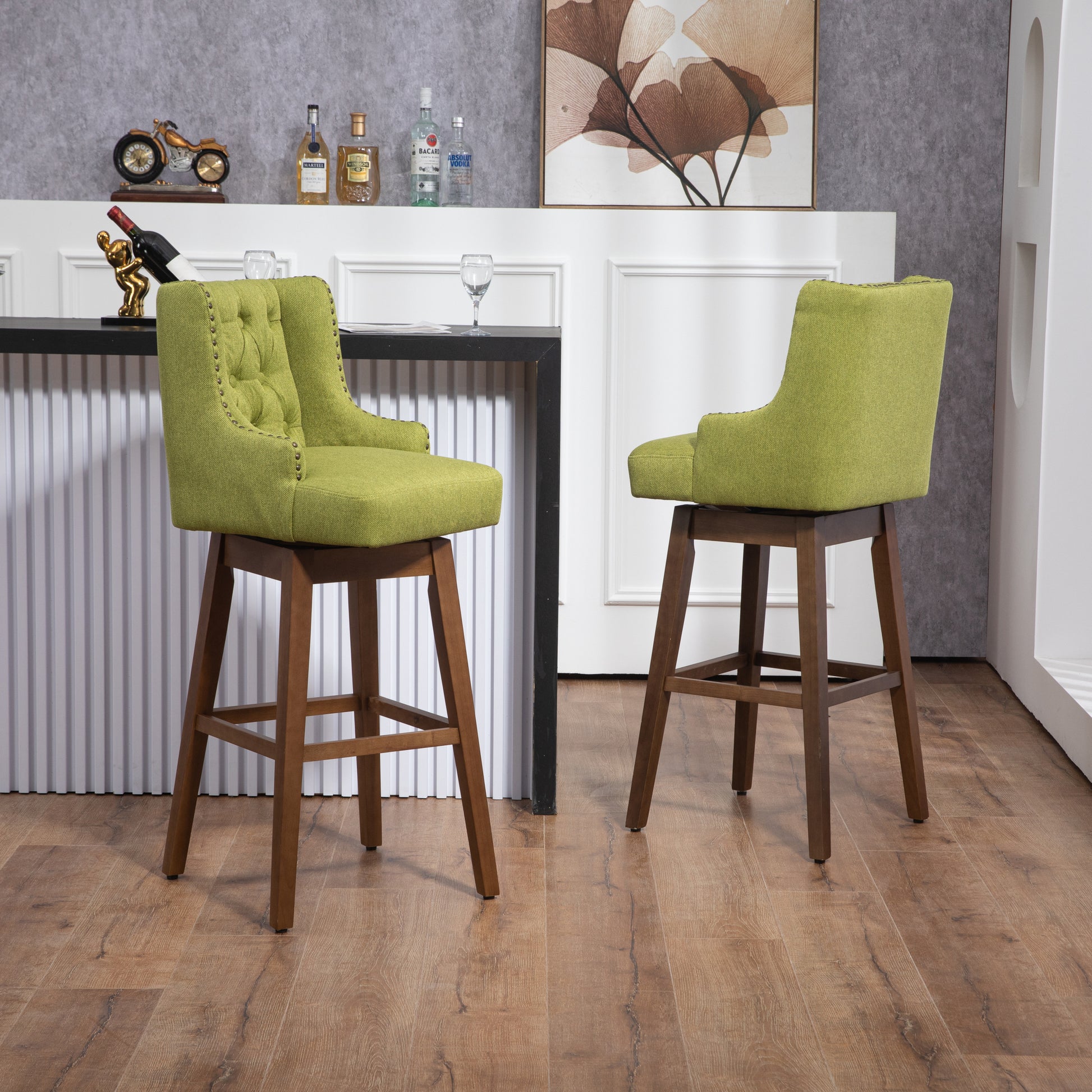 Coolmore Bar Stools Set Of 2 Counter Height Chairs With Footrest For Kitchen, Dining Room And 360 Degree Solid Wood Legs Swivel Bar Stools Set Of 2 Olive Linen Olive Foam Linen