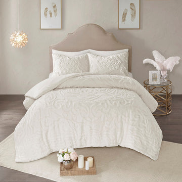 3 Piece Tufted Cotton Chenille Medallion Comforter Set Off White King Cal King King Off White Cotton