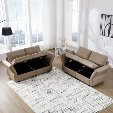 Living Room Furniture Sets, 2 Piece Comfy Upholstered Sofa Couch Set, Mid Century Modern Loveseat Sofa Sets With Storage Space Small Spaces Under Seats, Adjustable Arms And Backs Brown Brown Polyester 4 Seat