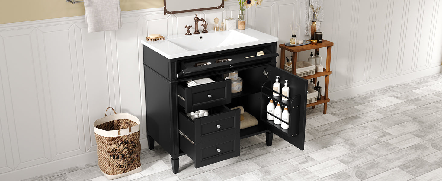 36'' Bathroom Vanity With Top Sink, Modern Bathroom Storage Cabinet With 2 Drawers And A Tip Out Drawer, Single Sink Bathroom Vanity Black Bathroom Solid Wood Mdf