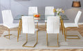 Table And Chair Set.Modern Rectangular Glass Dining Table With A Tempered Glass Tabletop And Metal Legs, Paired With Multiple Chairs Designed With Pu Cushions And Golden Metal Legs. White Gold Seats 6 Tempered Glass