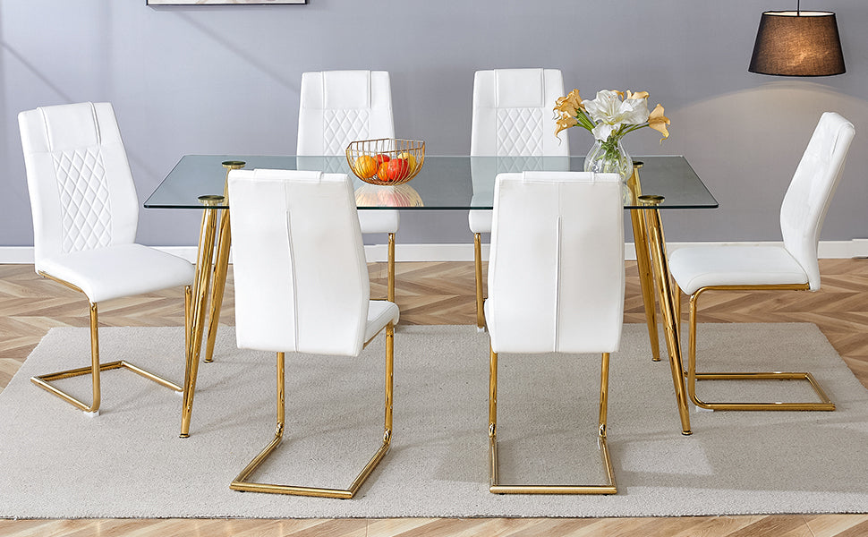 Table And Chair Set.Modern Rectangular Glass Dining Table With A Tempered Glass Tabletop And Metal Legs, Paired With Multiple Chairs Designed With Pu Cushions And Golden Metal Legs. White Gold Seats 6 Tempered Glass