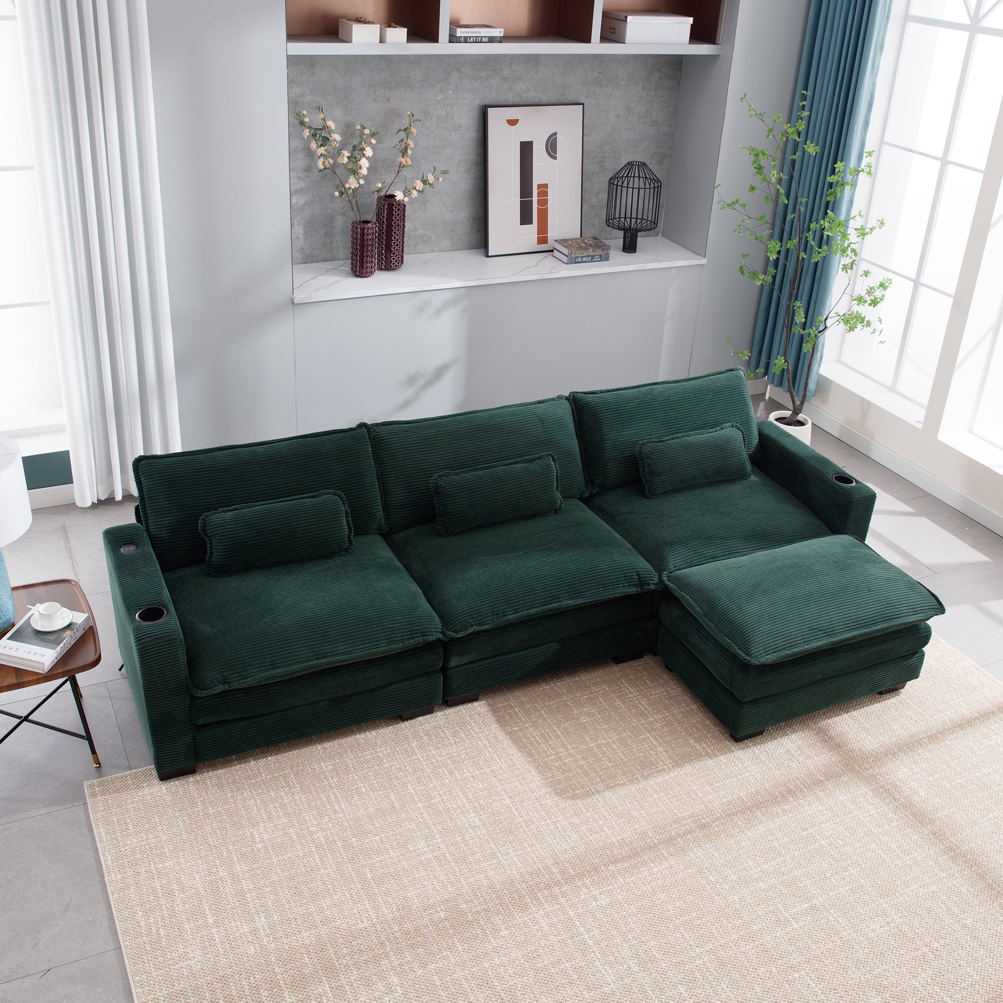 L Shape Sofa Couch With Usb & Cup Holders, Corduroy Stripe Fabric 3 Seater Sofa With 1 Ottoman, Green Green Wood 4 Seat
