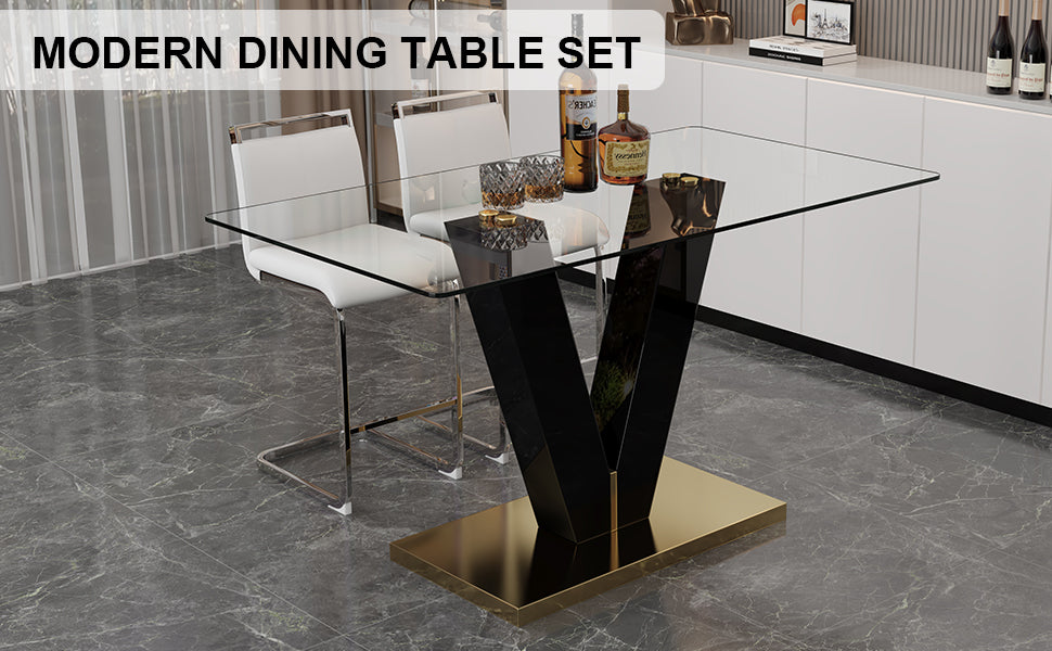 Table And Chair Set. A Rectangular Glass Dining Table With A 0.4 Inch Tempered Glass Tabletop And Mdf Board V Shaped Bracket, Paired With 2 Chairs Consisting Of Pu Seat Cushions And Silver Metal Legs. White Black Seats 2 Tempered Glass