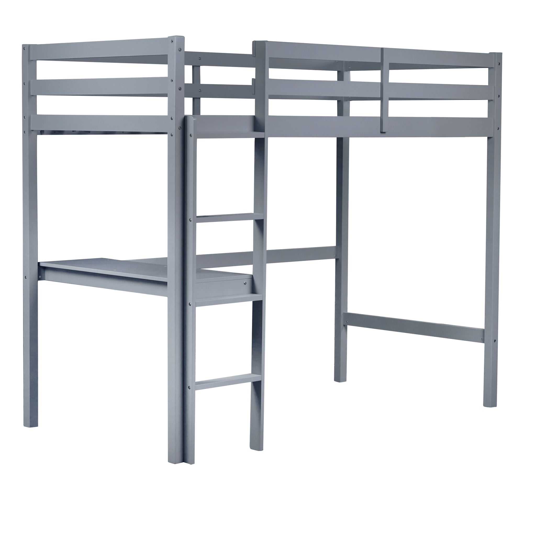 Twin High Loft Bed, Rubber Wood Loft Bed With Safety Guardrail, Built In Desk, Ladder,Grey Twin Grey Rubber Wood