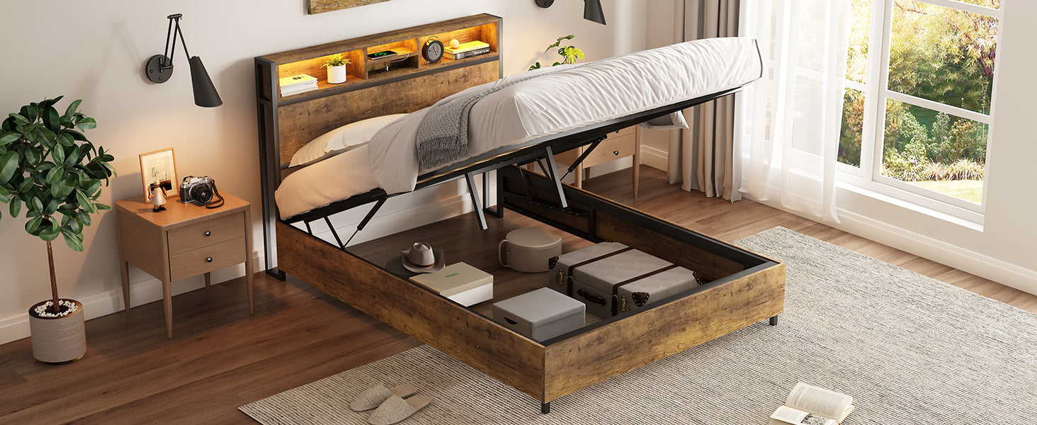 Metal Platform Bed With Underneath Storage, Led And Usb Ports, Full, Black Full Black Mdf Metal