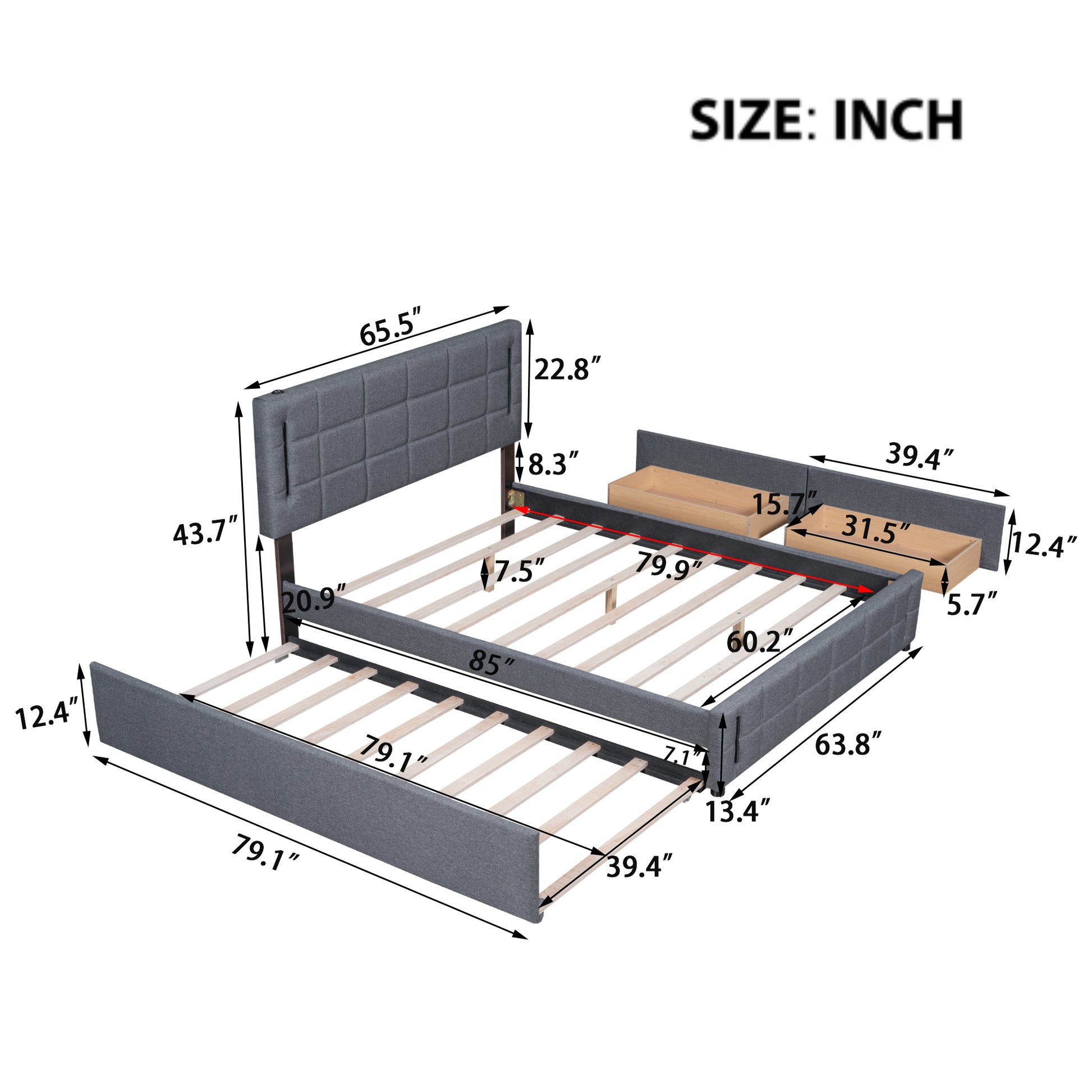 Queen Size Upholstered Platform Bed With Trundle And Drawers, Gray Queen Gray Upholstered