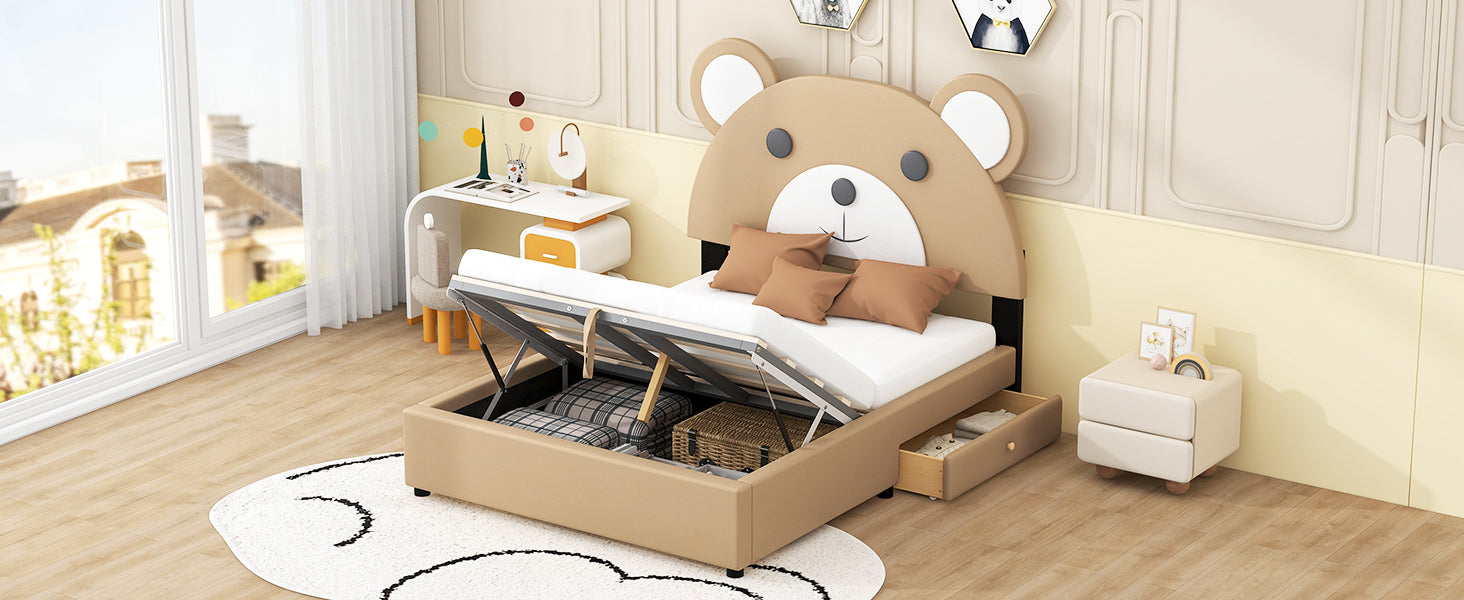 Full Size Upholstery Platform Bed Frame With Cute Bear Shaped Headboard And Two Storage Drawers,Brown Full Brown Solid Wood Mdf