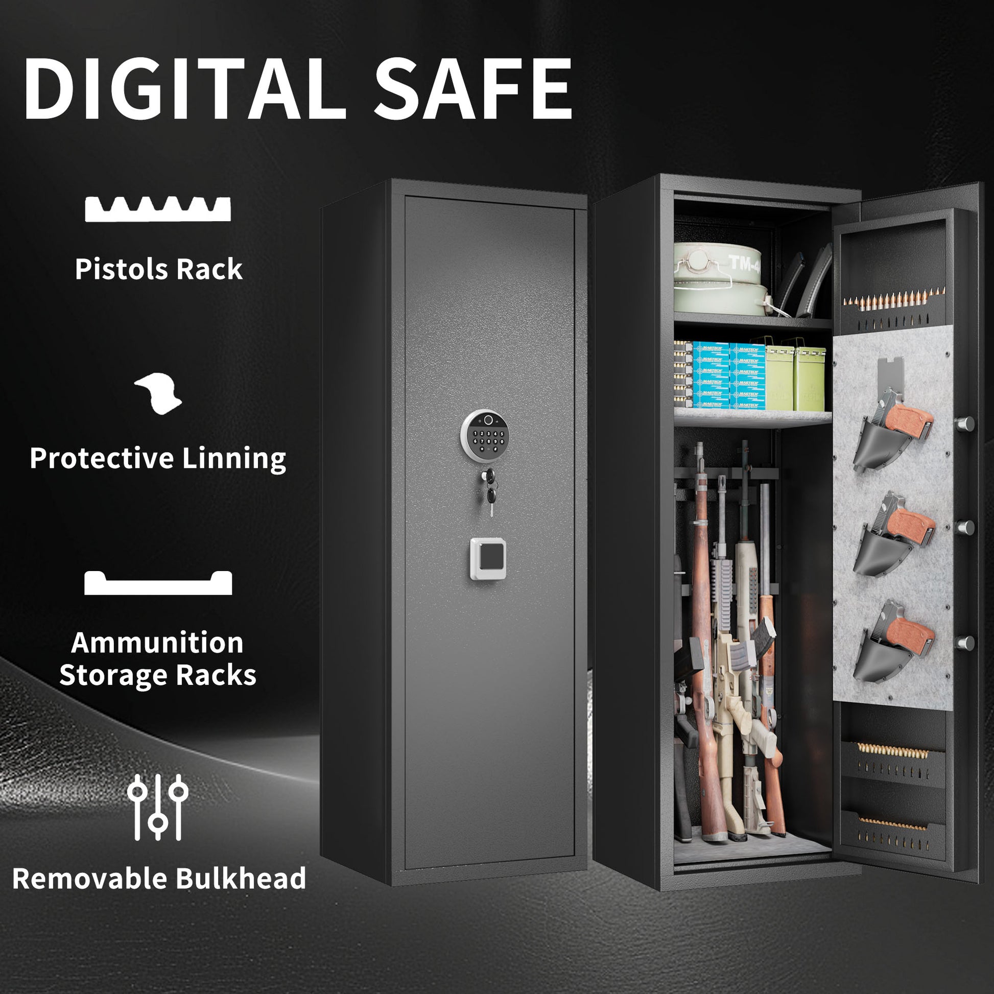 Gun Safes For Home Rifle And Pistols, Fingerprint Electronic Safe With Quick Access, Detachable Partition, No Assembly Required, Black Black Bedroom Classic Metal Metal