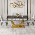 Table And Chair Set.Modern Rectangular Dining Table With Black Textured Stickers Glass Tabletop And Gold Plated Metal Legs.Paried With 4 Comfortable Chairs With Pu Seats And Black Metal Legs. Black Gold,Light Gray Seats 4 Glass Metal