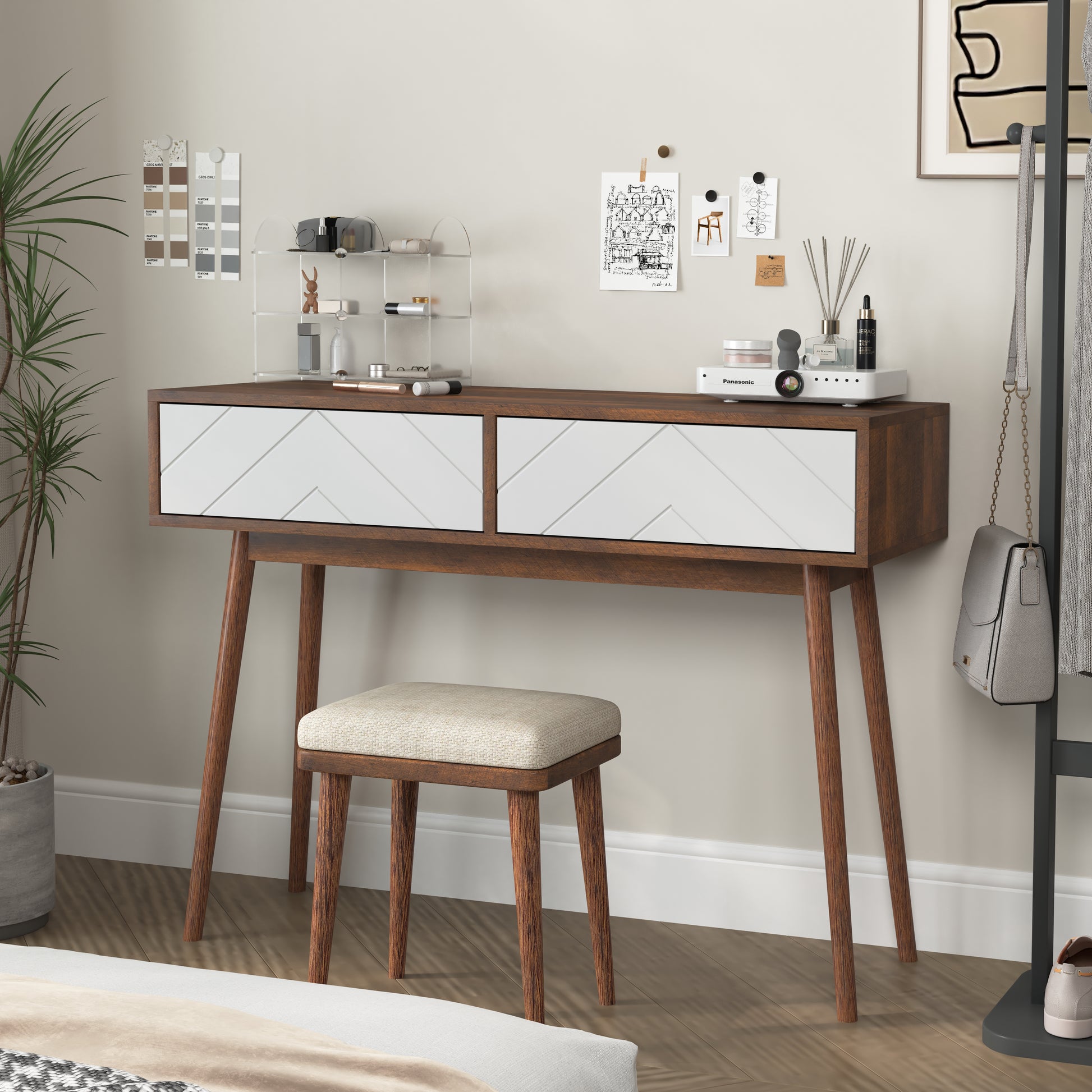 Entryway Table With 2 Carved Panel Drawers, Console Table With Storage Space And Wood Legs,Sofa Table Behind Couch For Hallway, Living Room, Natural Color Natural Particle Board Mdf