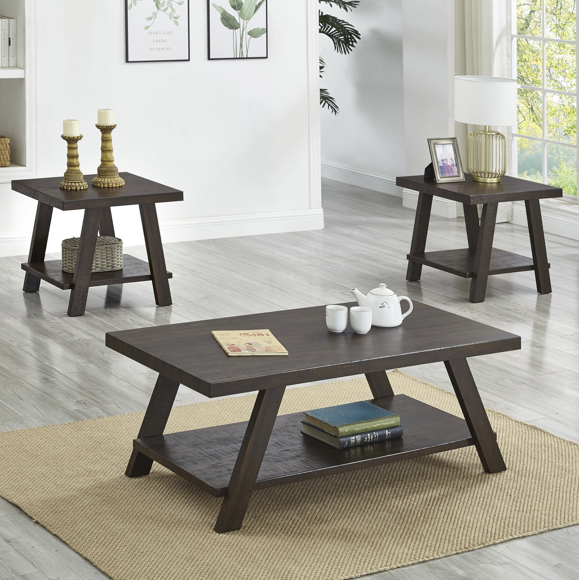 Athens Contemporary 3 Piece Wood Shelf Coffee Table Set In Weathered Espresso Espresso Primary Living Space Rectangular Coffee & End Tables Rectangular Mdf