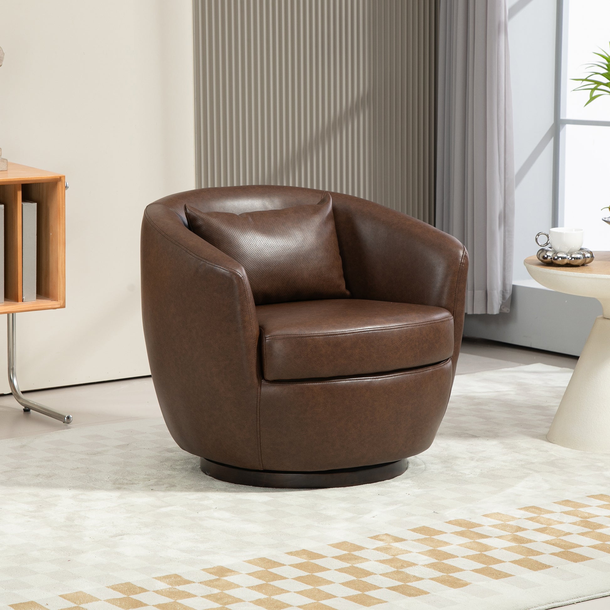 Upholstered Swivel Barrel Armchair With Storage Modern Living Room Side Chair For Bedroom Office Reading Spaces Pu Dark Brown Dark Brown Foam Upholstered