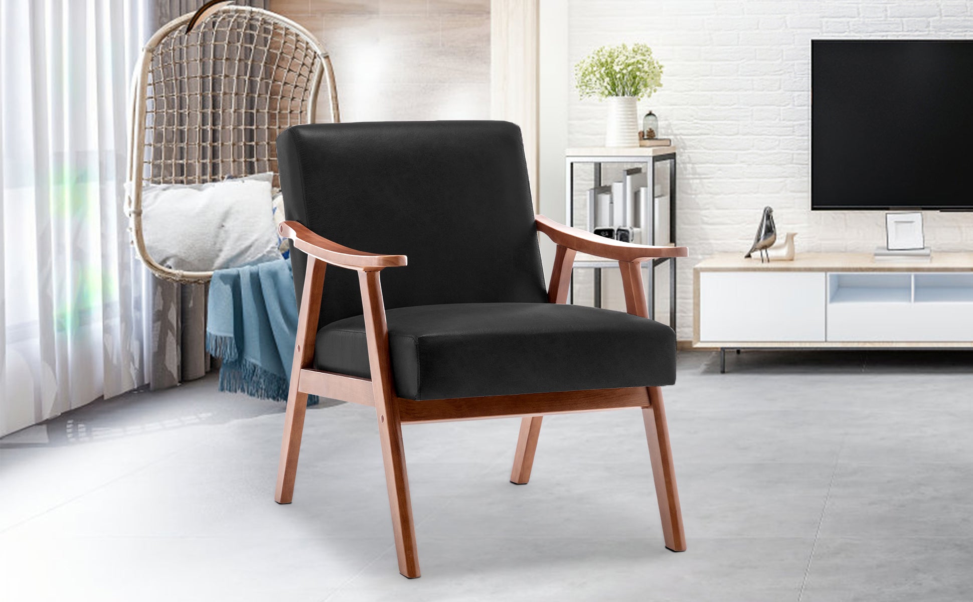 Mid Century Modern Chair, Living Room Chair With Solid Wood Frame, Accent Chair Extra Thick Backrest, Wingback Chair For Bedroom, Reading Room, Living Room, Lounge Chair Indoor Black Pu Primary Living Space Mid Century Modern Foam Pu Leather