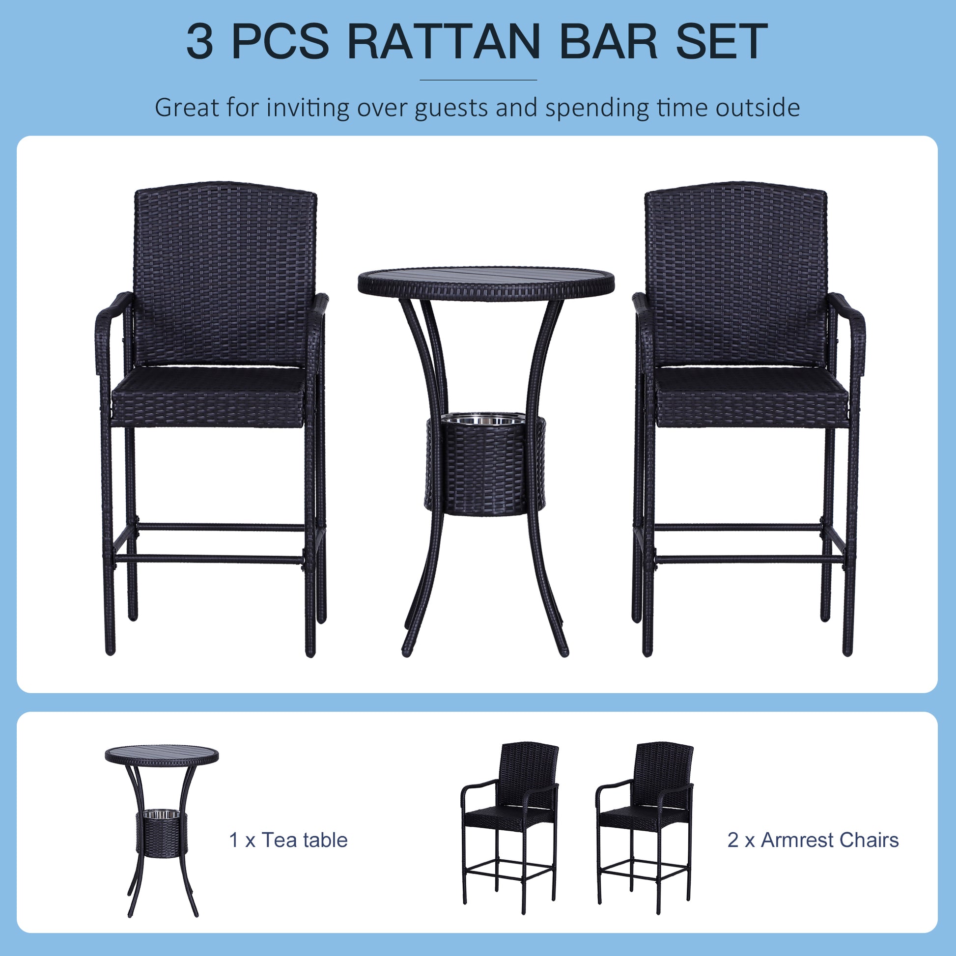 Outsunny Rattan Wicker Bar Set For 3 Pcs With Ice Buckets, Patio Furniture With 1 Bar Table And 2 Bar Stools For Poolside, Backyard, Porches Dark Brown Steel