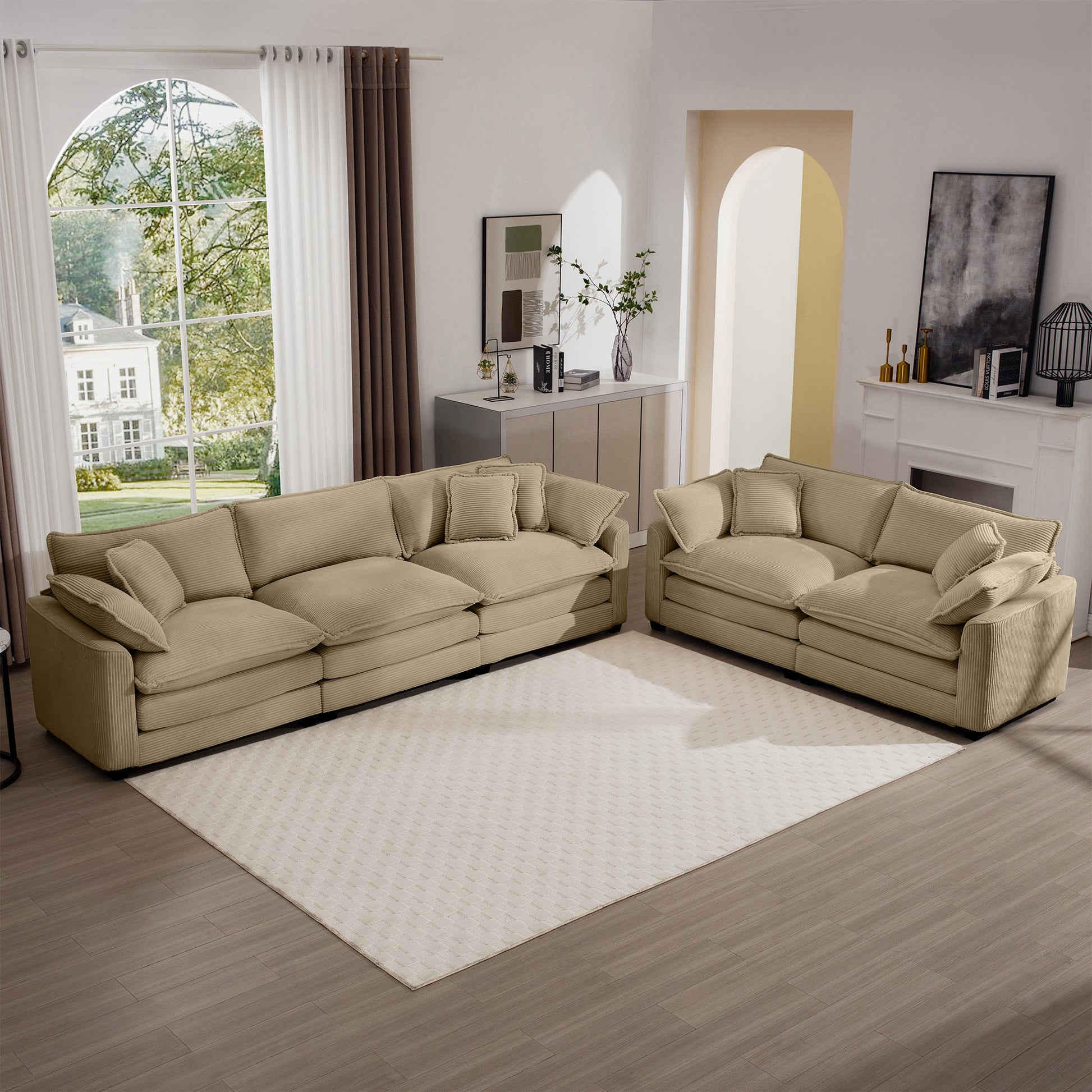 Modern Fabric Living Room Sofa Two Piece Set, Two 2 Seater Sofas With 8 Cushion Upholstery Large Deep Seat Recliner, Tan Corduroy Fabric Tan Corduroy 5 Seat
