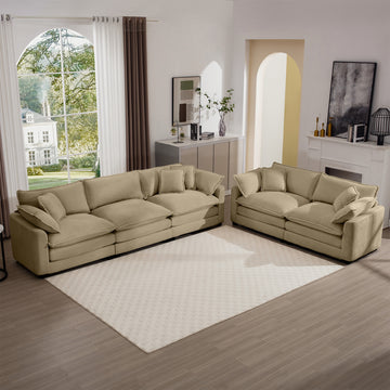 Modern Fabric Living Room Sofa Two Piece Set, Two 2 Seater Sofas With 8 Cushion Upholstery Large Deep Seat Recliner, Tan Corduroy Fabric Tan Corduroy 5 Seat