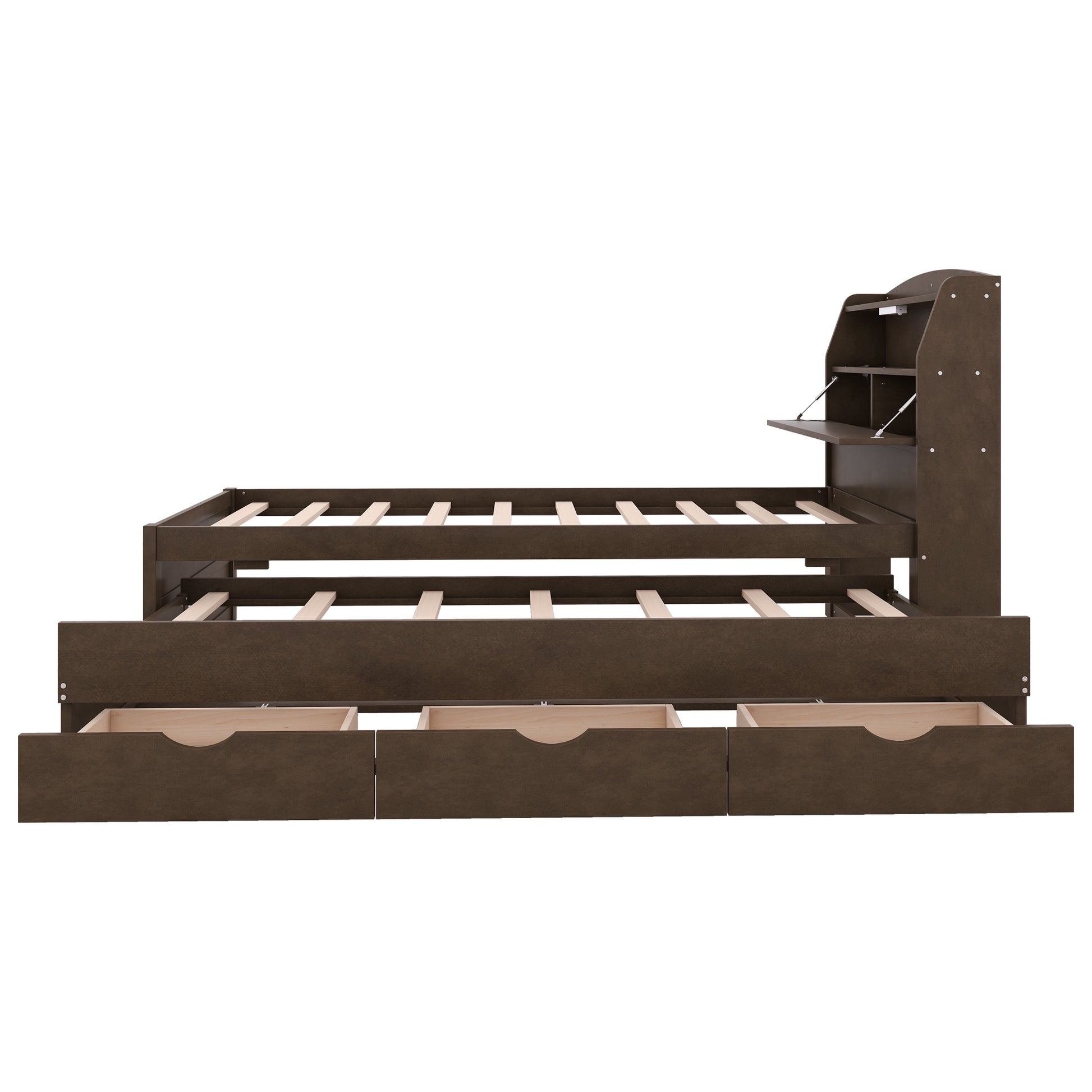 Twin Size Wooden Led Platform Bed With Trundle, With Storage Headboard, With Drawers, Brown Twin Brown Plywood