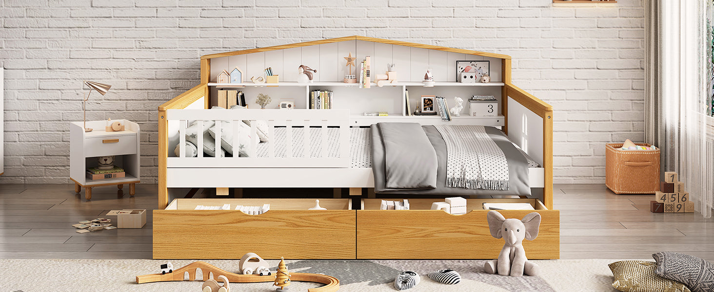 Full Size House Shape Daybed With Two Drawers And Bookcase Headboard Wooden Bed For Girls Boys Teens, No Box Spring Needed, Walnut And White Box Spring Not Required Full White Walnut Wood Bedroom Cute Pine Bed Frame Wood