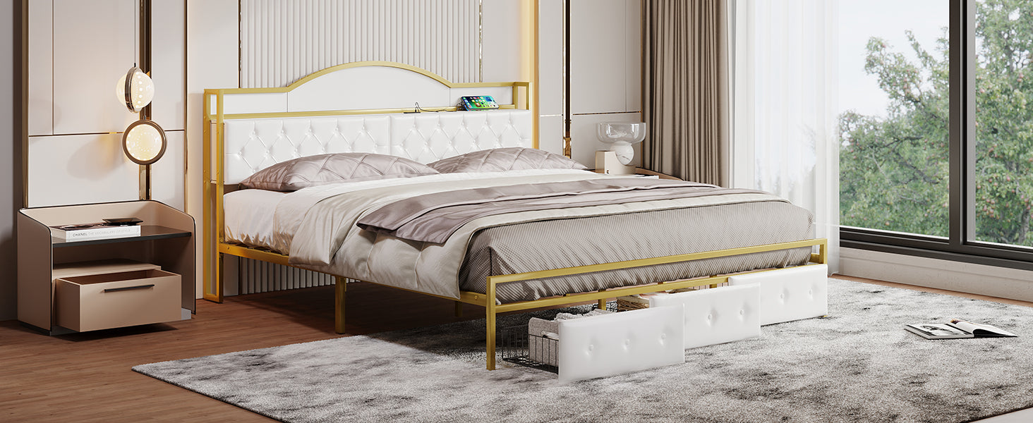 Metal Platform Bed With 3 Drawers, Storage Headboard, King, Gold King Gold White Fabric Metal