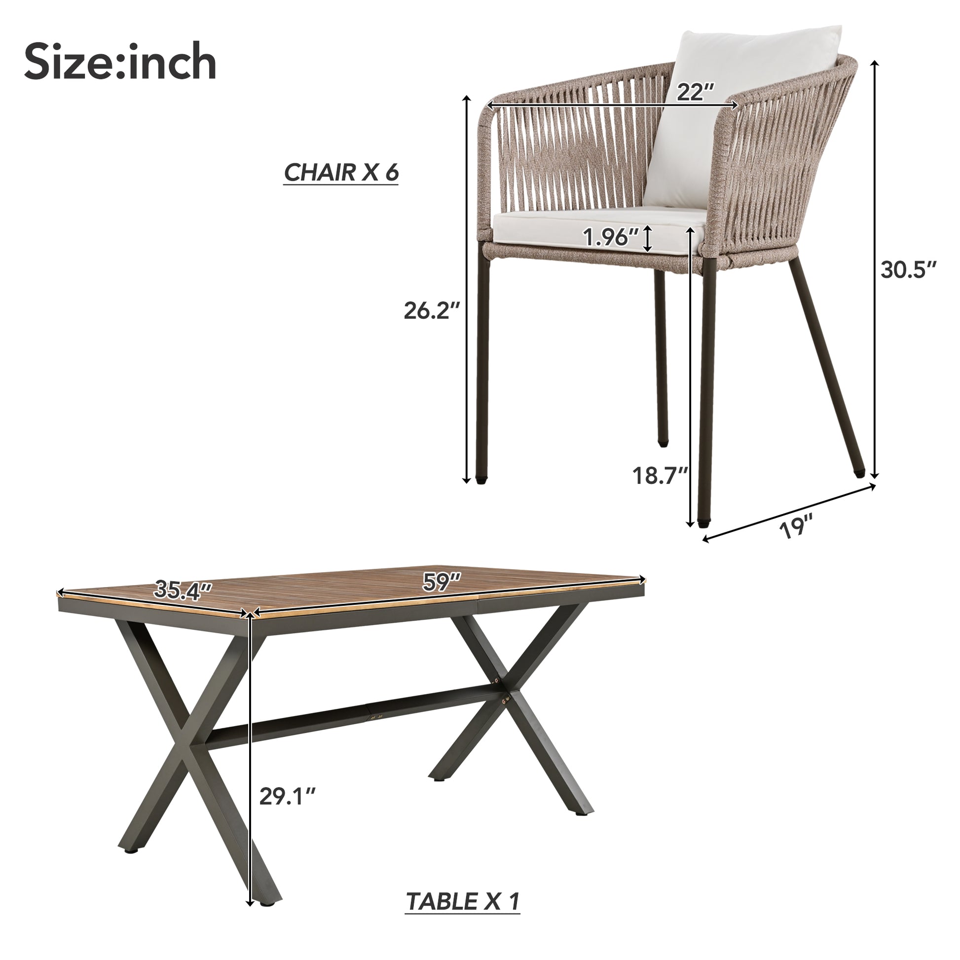 7 Pieces Patio Dining Set, All Weather Outdoor Furniture Set With Dining Table And Chairs, Acacia Wood Tabletop, Metal Frame, For For Garden, Backyard, Balcony, Beige Yes Beige Seats 6 Garden &