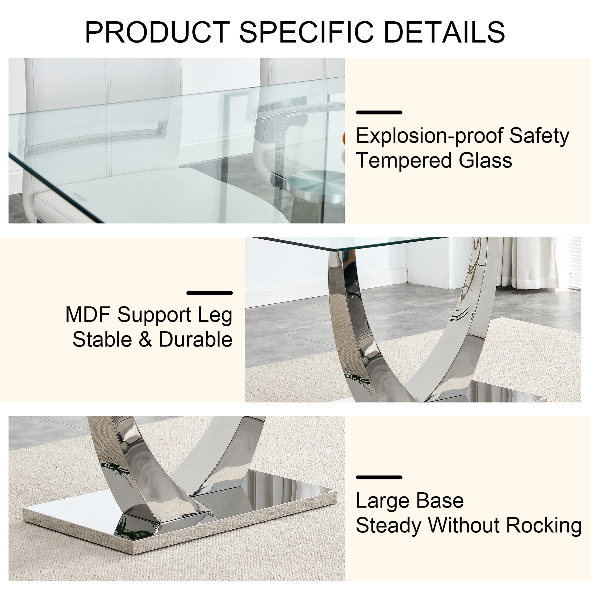 Table And Chair Set.Contemporary, Minimalist Rectangular Dining Table Featuring A Clear Tempered Glass Top And Sleek Silver Legs. Paried With Chairs Made Of Pu Material Cushion And Silver Metal Legs. Black Seats 8 Glass Metal