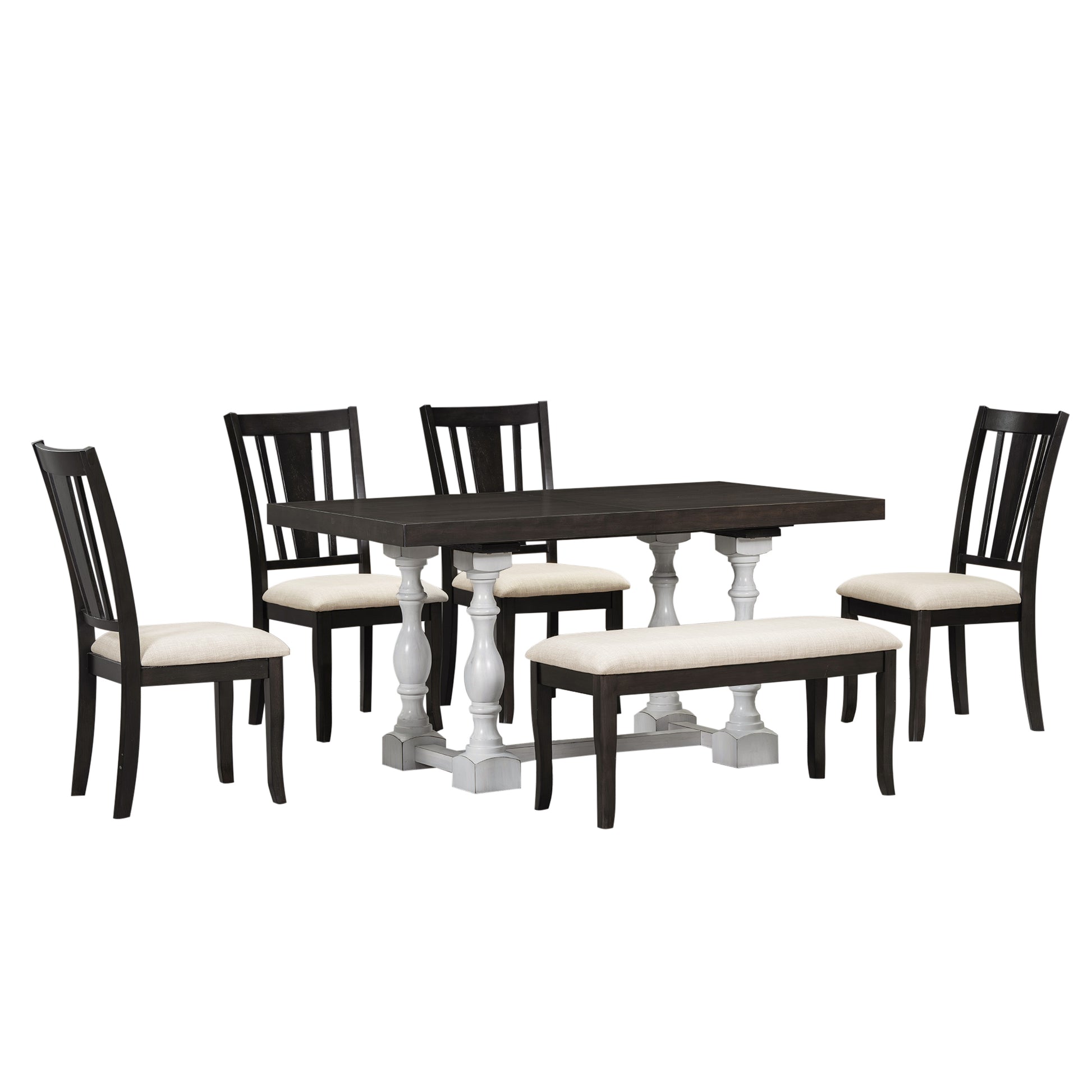 Traditional 6 Piece 78Inch Trestle Extendable Dining Table Set With One 18Inch Removable Leaf, Padded Dining Chairs And Bench,Distressed White Brown Wood Dining Room Solid Wood Rubberwood Rectangular Dining Table With Chair And Bench Upholstered Chair