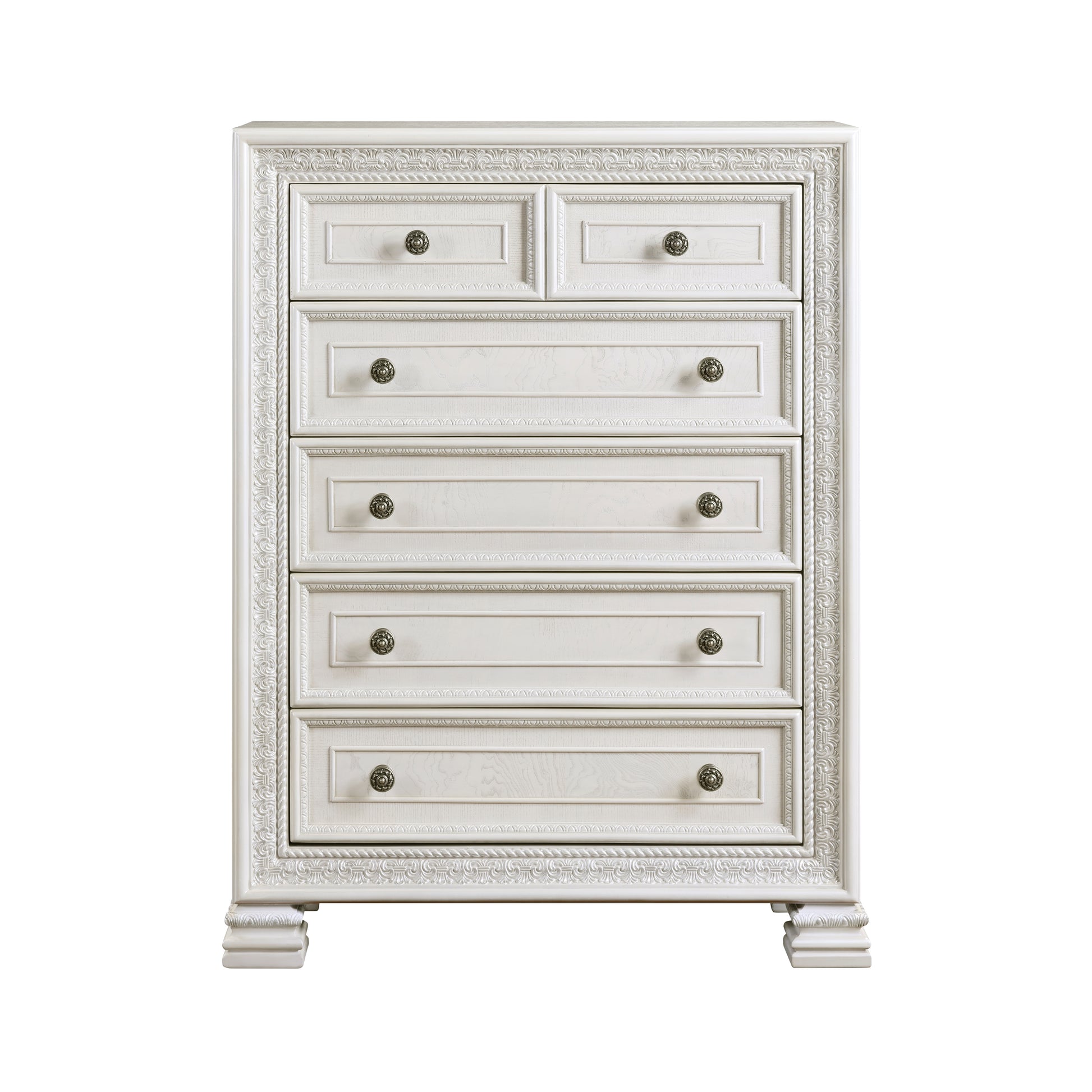 Classic Luxury Pearl White Finish Chest Of 5X Drawers Wooden Bedroom Furniture 1Pc, Dart Molding Design White Wood