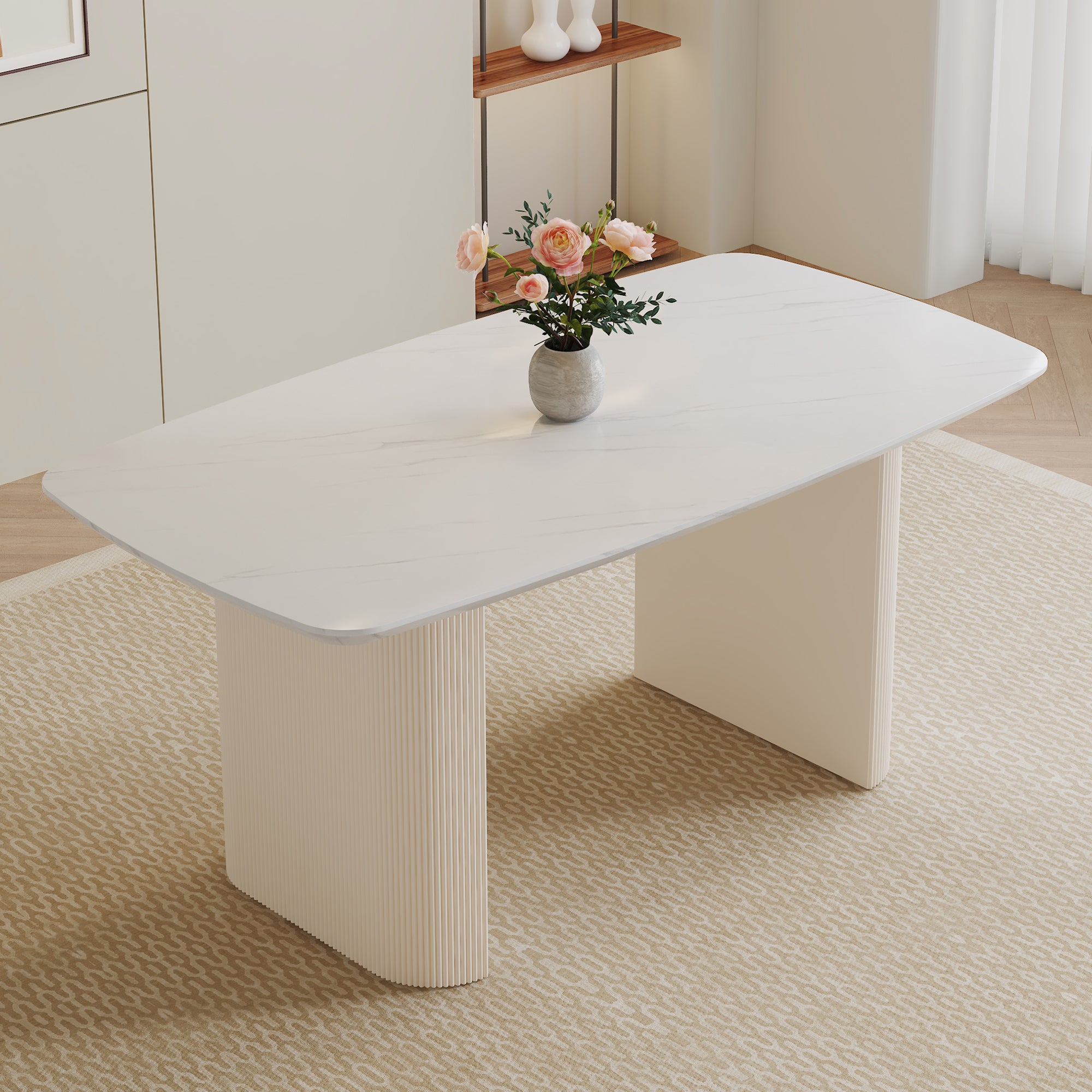 Cream Style Mdf White Dining Table.It Is A Furniture With A Warm And Soft Appearance, Suitable For Creating A Comfortable And Friendly Dining Environment, Suitable For Kitchens, Dining Rooms,Etc. White Mdf