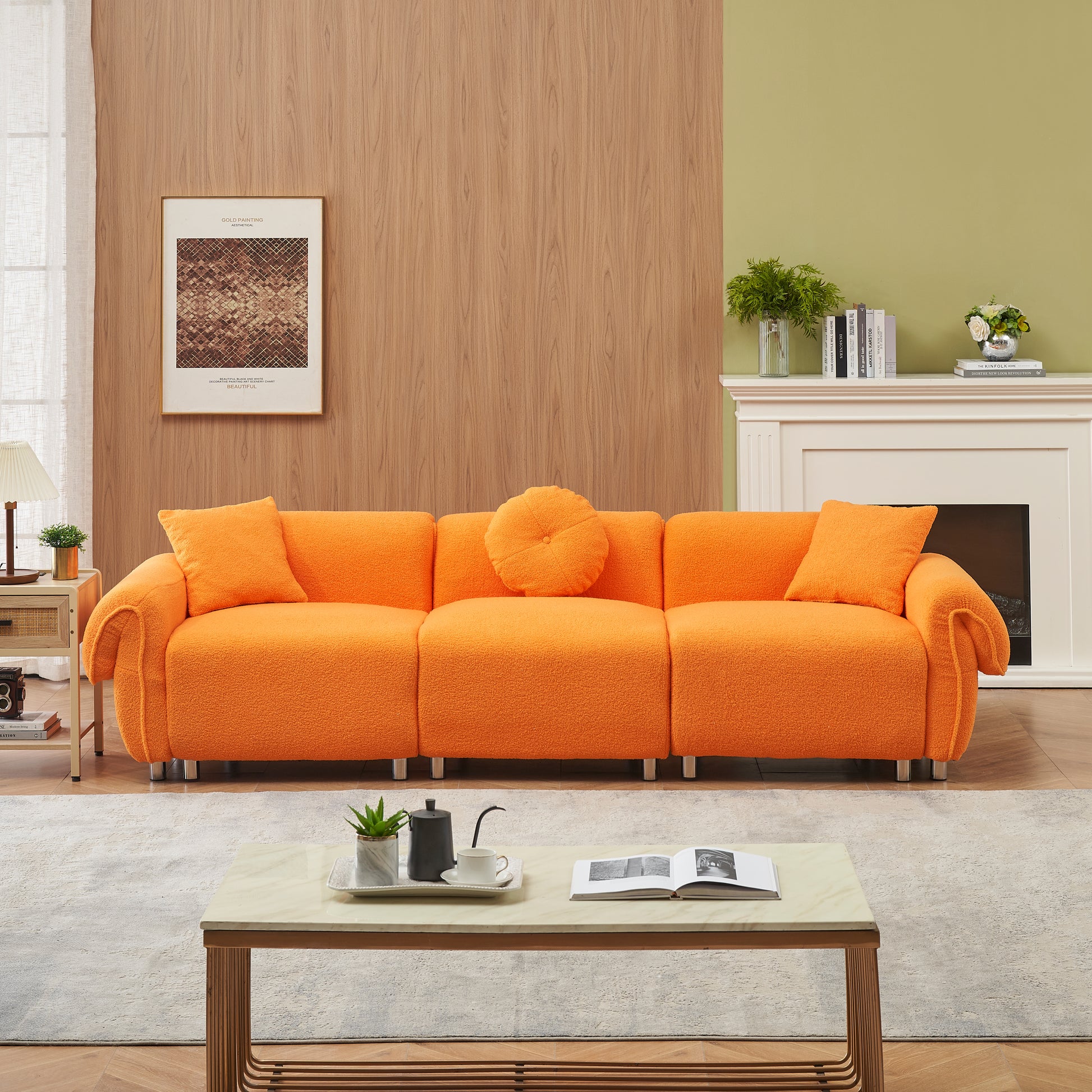 112 Inch Orange Teddy Velvet Fabric, With 3 Pillows, Three Sofa Can Be Placed In The Living Room And Other Scenes Orange Teddy Velvet Fabric, With 3 Pillows, Three Sofa Can Be Placed In The Living Roo Orange Polyester Blend 3 Seat