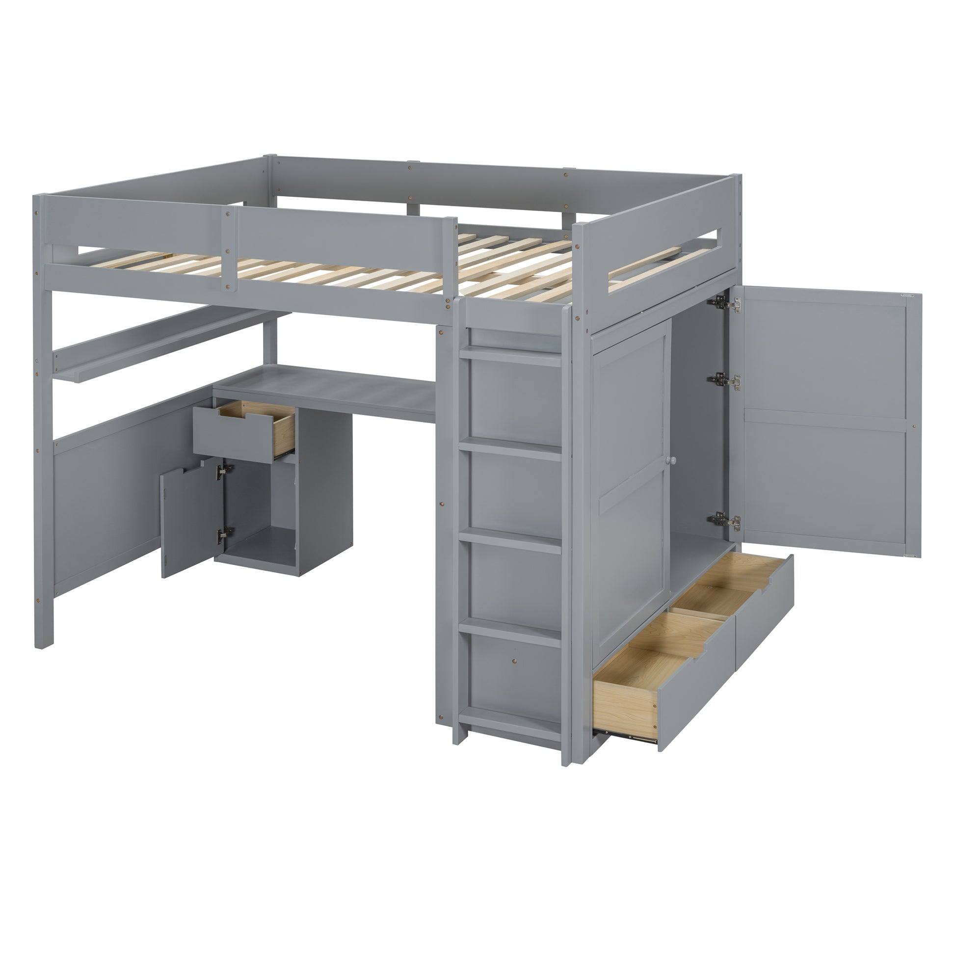 Full Size Wooden Loft Bed With Wardrobe, Desk, Drawers, Shelves, Gray Full Gray Plywood