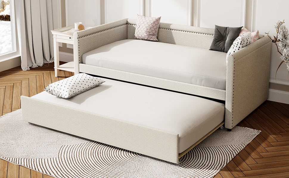 Modern Style Twin Size Upholstered Daybed With Trundle For Guest Room, Small Bedroom, Study Room, Beige Box Spring Not Required Twin Beige Wood Bedroom Traditional Daybeds Linen Upholstered